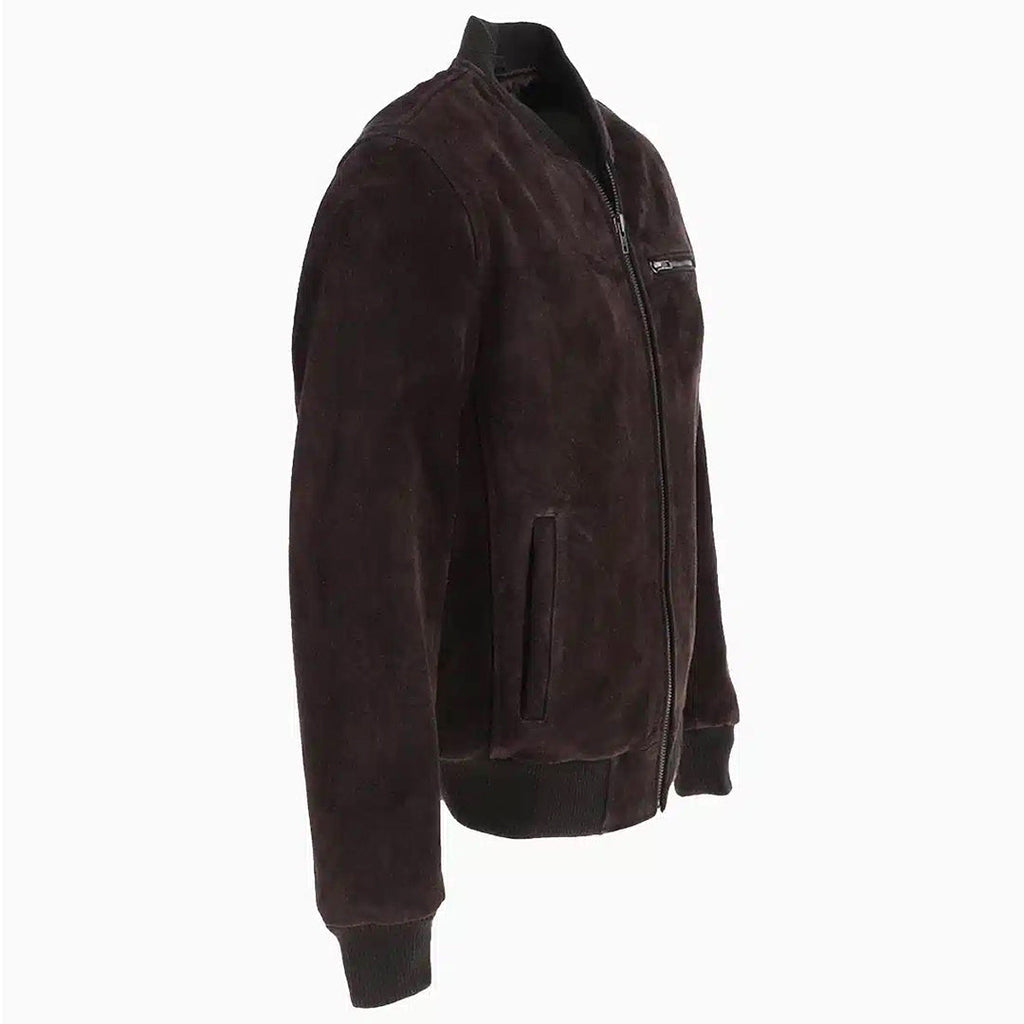 Men's Suede Bomber Jacket  Leather, Full Zip Front with Chest Pocket | Brown
