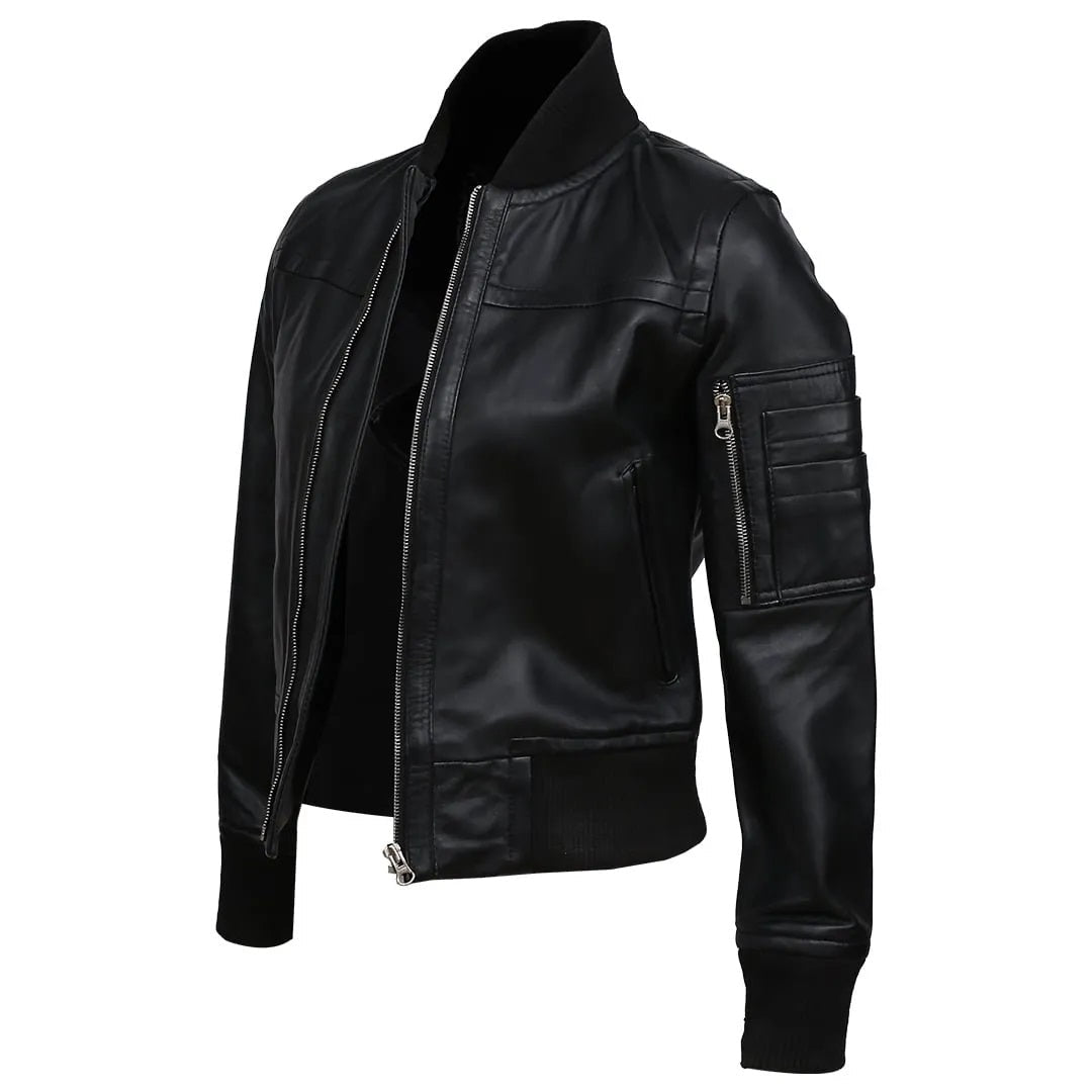 Women's Real Sheep Leather Motorcycle Bomber Jacket | Black