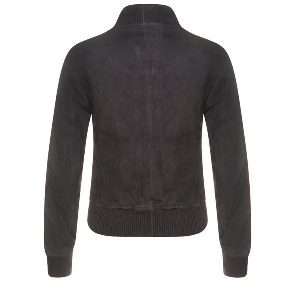 Women's Suede Bomber Leather Jacket, Zip Front, Ribbed Cuffs and Hem | Black
