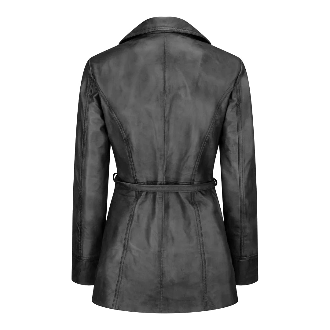 Women's Belted Leather Jacket, Long Sleeve, Zip Front | Black