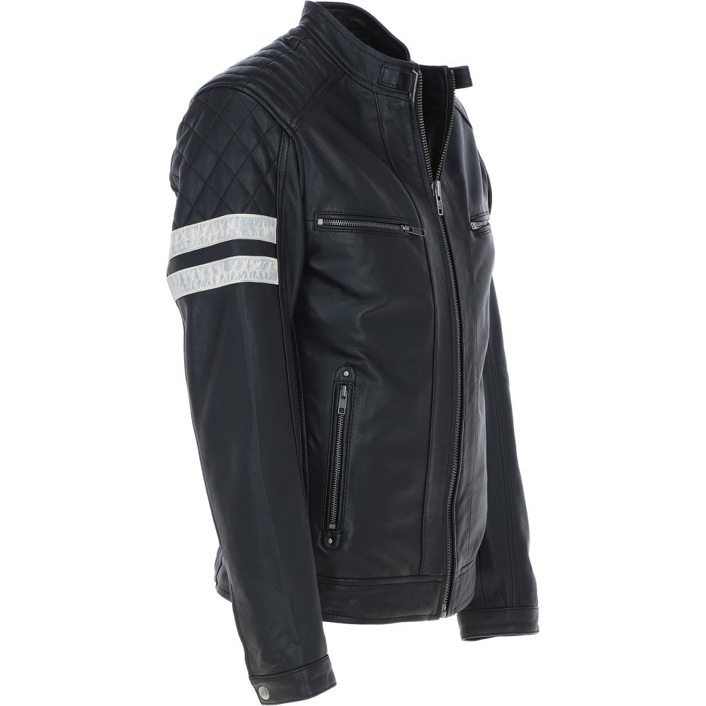 Men's Motorcycle Leather Jacket  Quilted Shoulders, Full Zip | Black & Blue