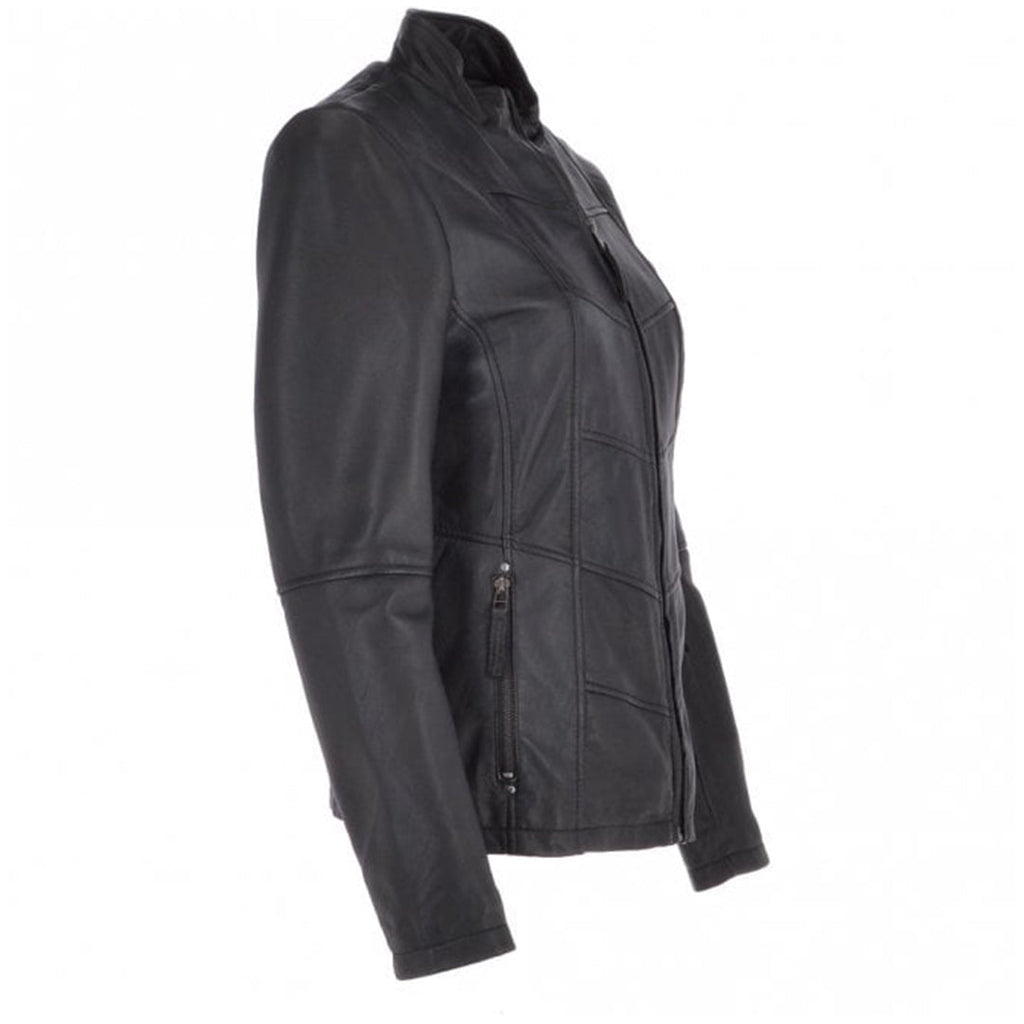 Women's Biker Style Leather Jacket With Zip Front & Stand Collar | Black