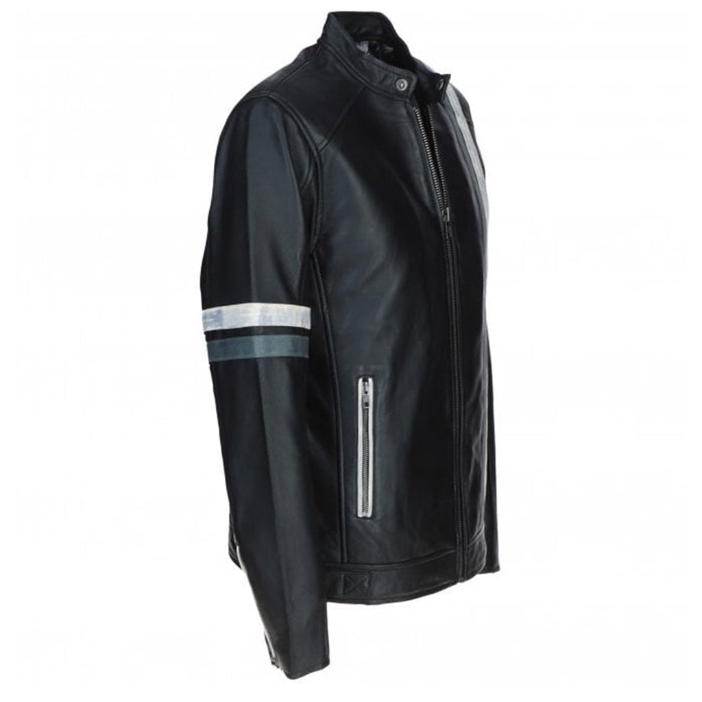 Men's Motorcycle Leather Jacket Gray & White Stripes | Blue & Black