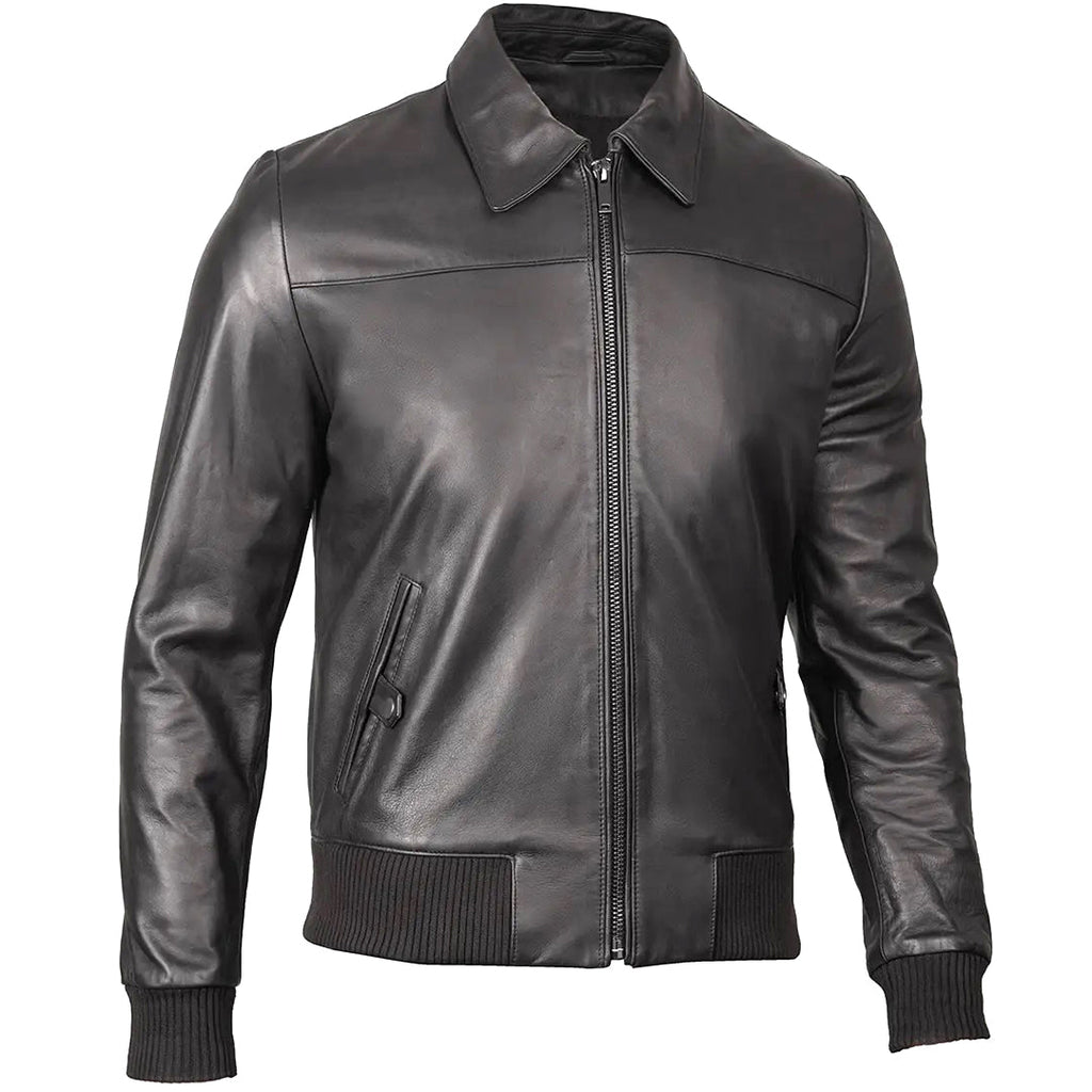 Men's Bomber Leather Jacket  Ribbed Collar & Cuff | Black