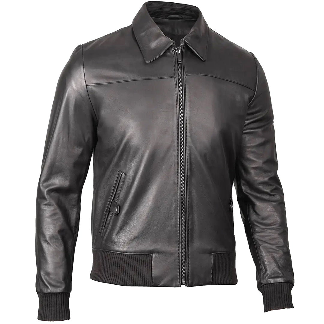 Men's Bomber Leather Jacket  Ribbed Collar & Cuff | Black