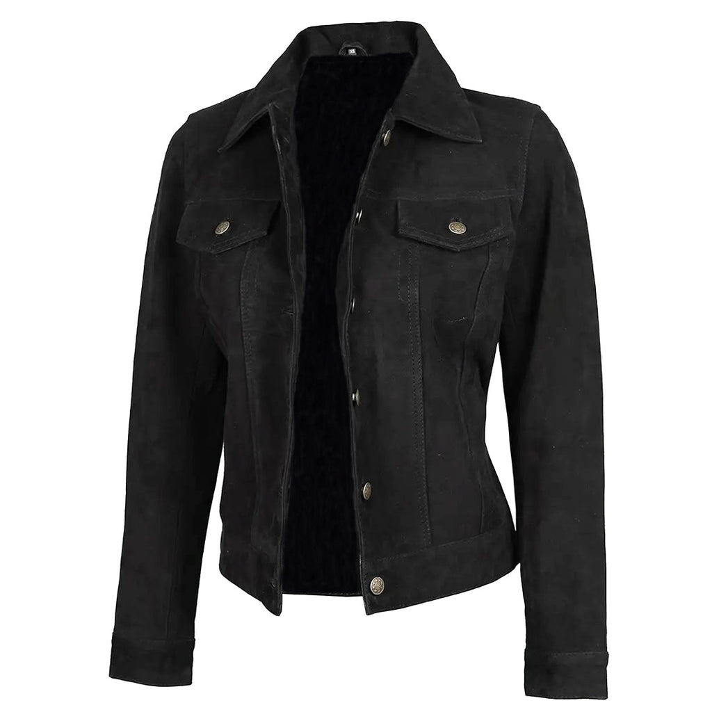 Women's Suede Trucker Leather Jacket | Black