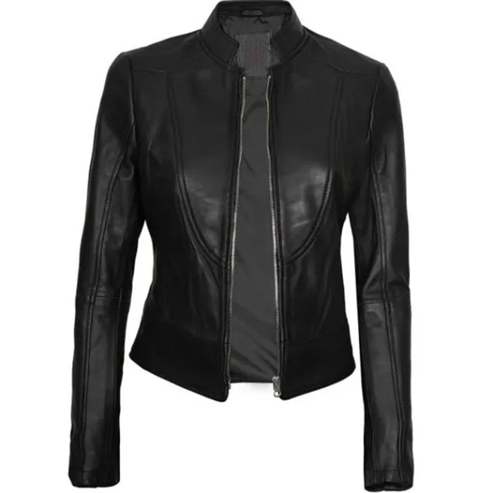 Women's Cafe Racer Motorcycle Leather Jacket, Stand Collar, Front Zipper | Black