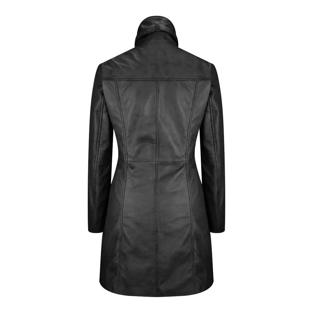 Women's Long Leather Coat, High Neck, Multiple Pockets, Full Zip Front | Black