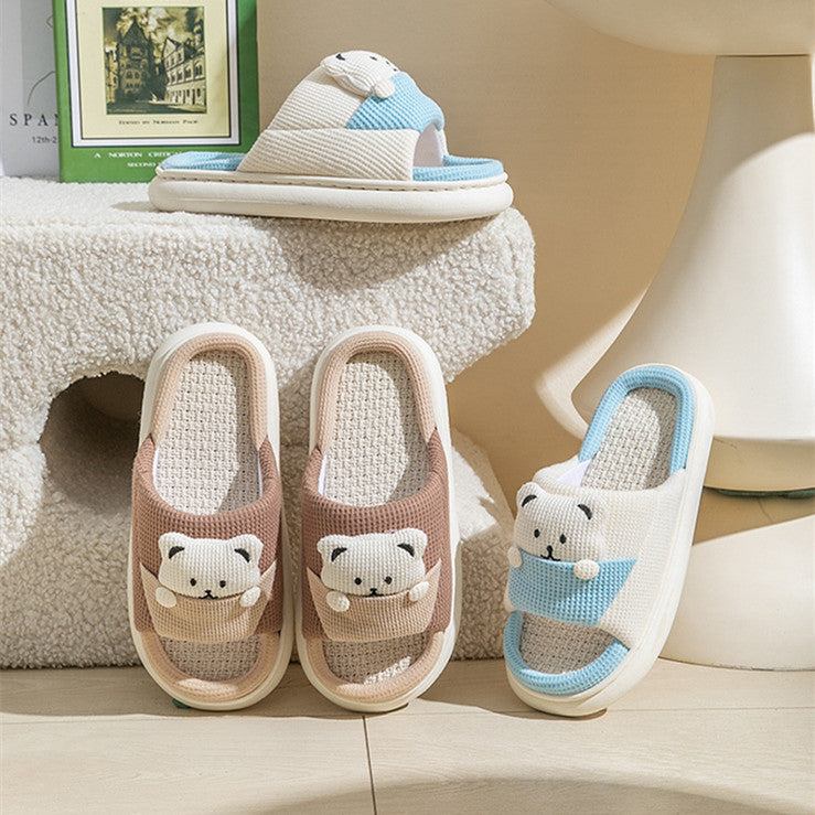 Cute Cartoon Bear Slippers Spring And Autumn Fashion Thick-soled  Mute Linen Slipper Women's House Shoes - Amber Fashion UK