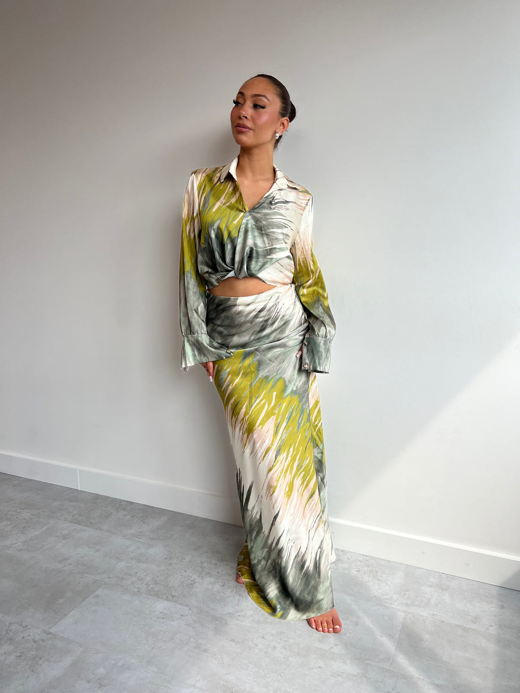 Satin Pink & Orange Printed Maxi Skirt Co-ord Set - Amber Fashion UK