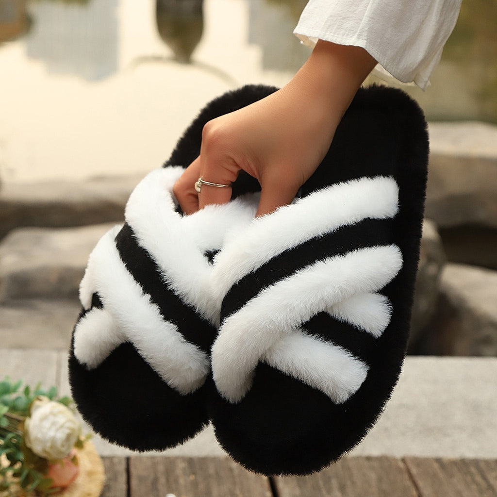 Fluffy Slippers Cross Strap Stitching Warm Casual Platform Slippers - Amber Fashion UK