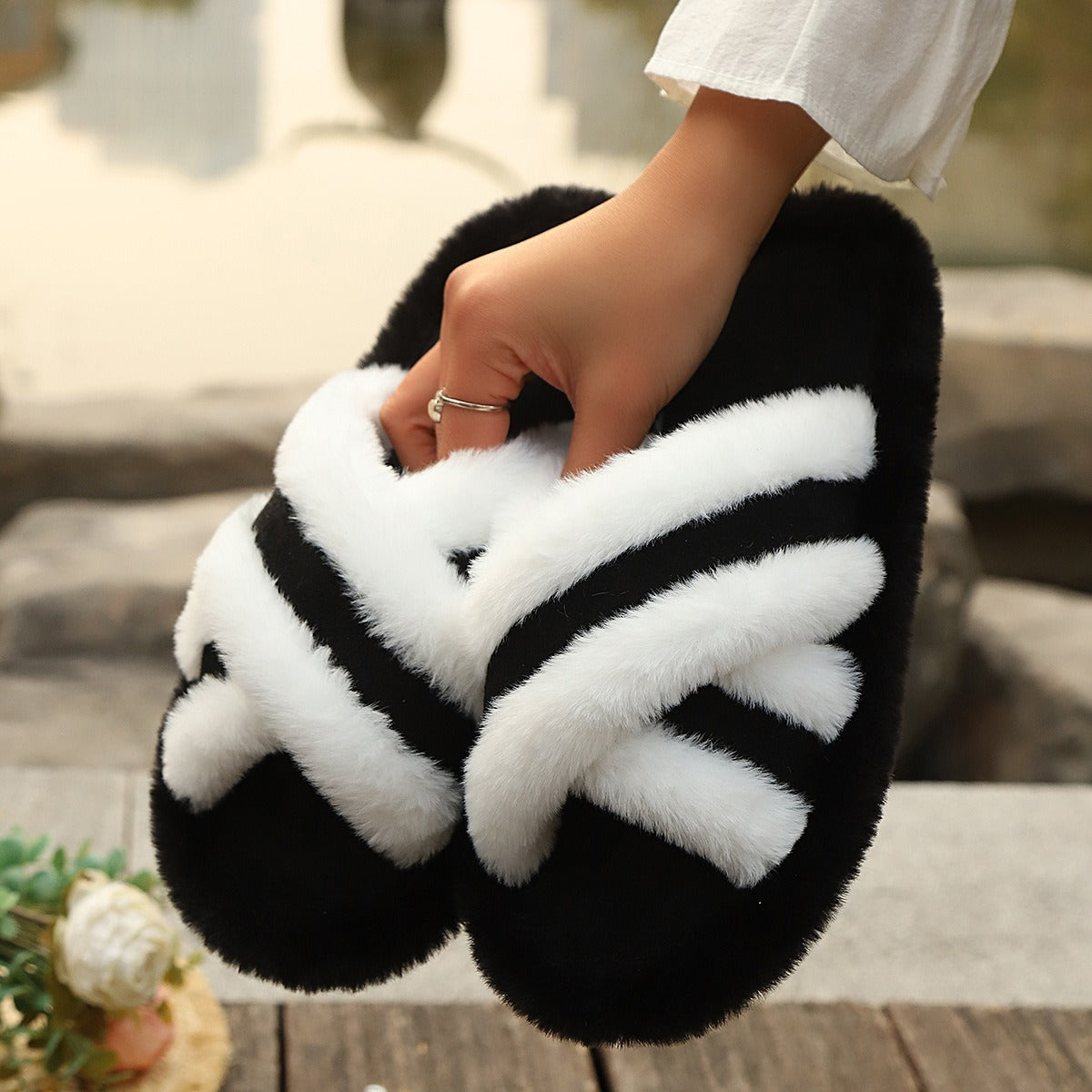 Fluffy Slippers Cross Strap Stitching Warm Casual Platform Slippers - Amber Fashion UK