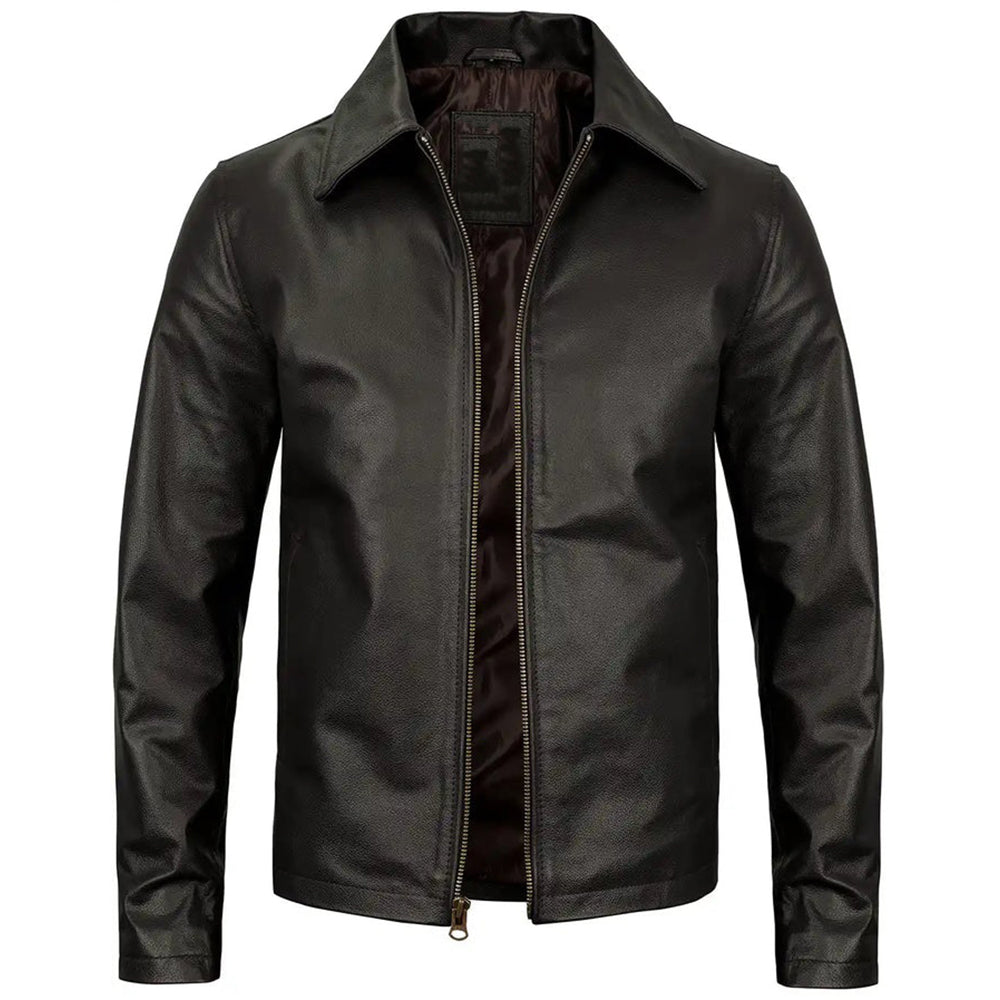 Men's Vintage Harrington Leather Jacket with Shirt Collar | Black