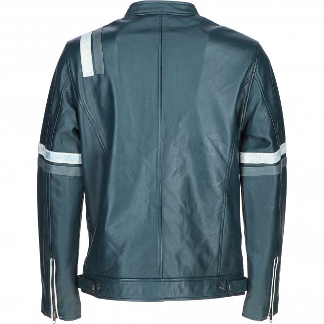 Men's Motorcycle Leather Jacket Gray & White Stripes | Blue & Black