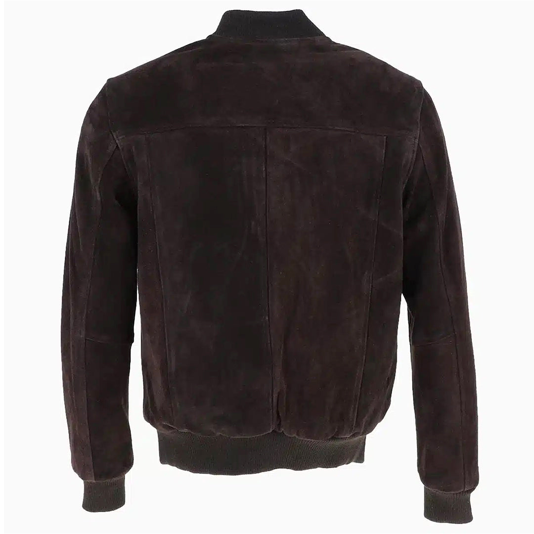 Men's Suede Bomber Jacket  Leather, Full Zip Front with Chest Pocket | Brown