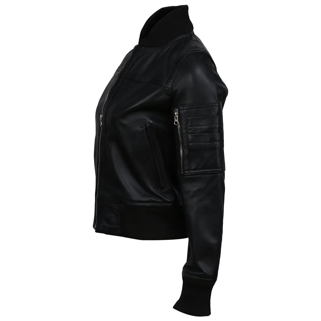 Women's Real Sheep Leather Motorcycle Bomber Jacket | Black