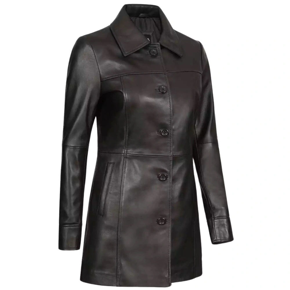 Women's Genuine Lambskin Leather Coat, 3/4 Length | Black