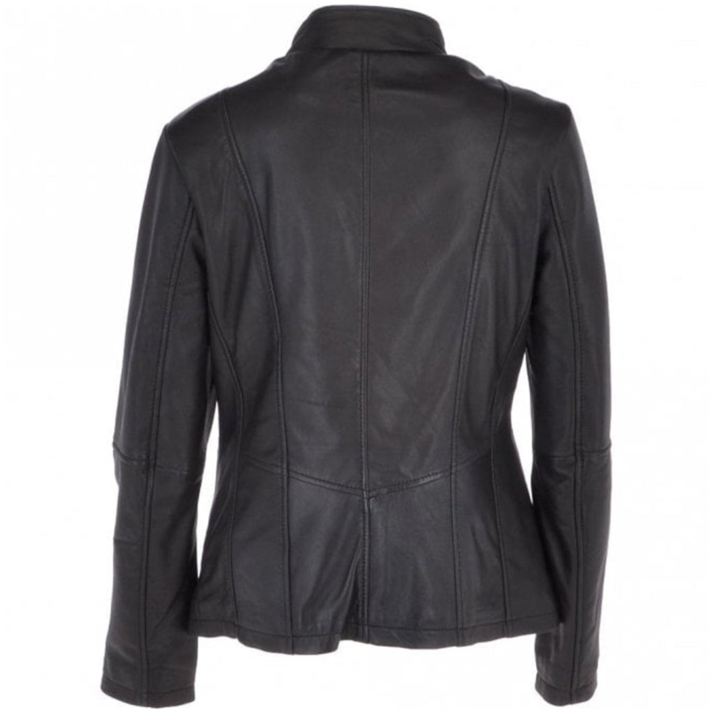 Women's Biker Style Leather Jacket With Zip Front & Stand Collar | Black
