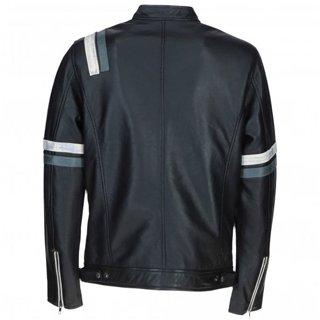Men's Motorcycle Leather Jacket Gray & White Stripes | Blue & Black