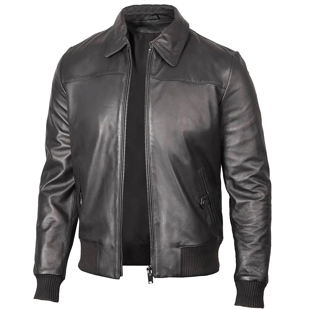 Men's Bomber Leather Jacket  Ribbed Collar & Cuff | Black