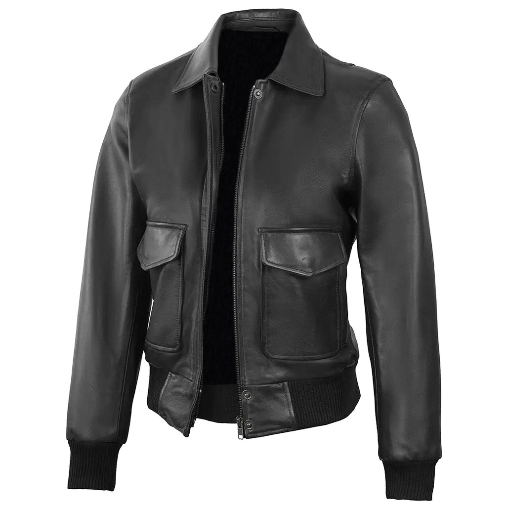 Women's Classic Leather Shirt Collar Bomber Jacket, Zip Front, Ribbed Trim | Black