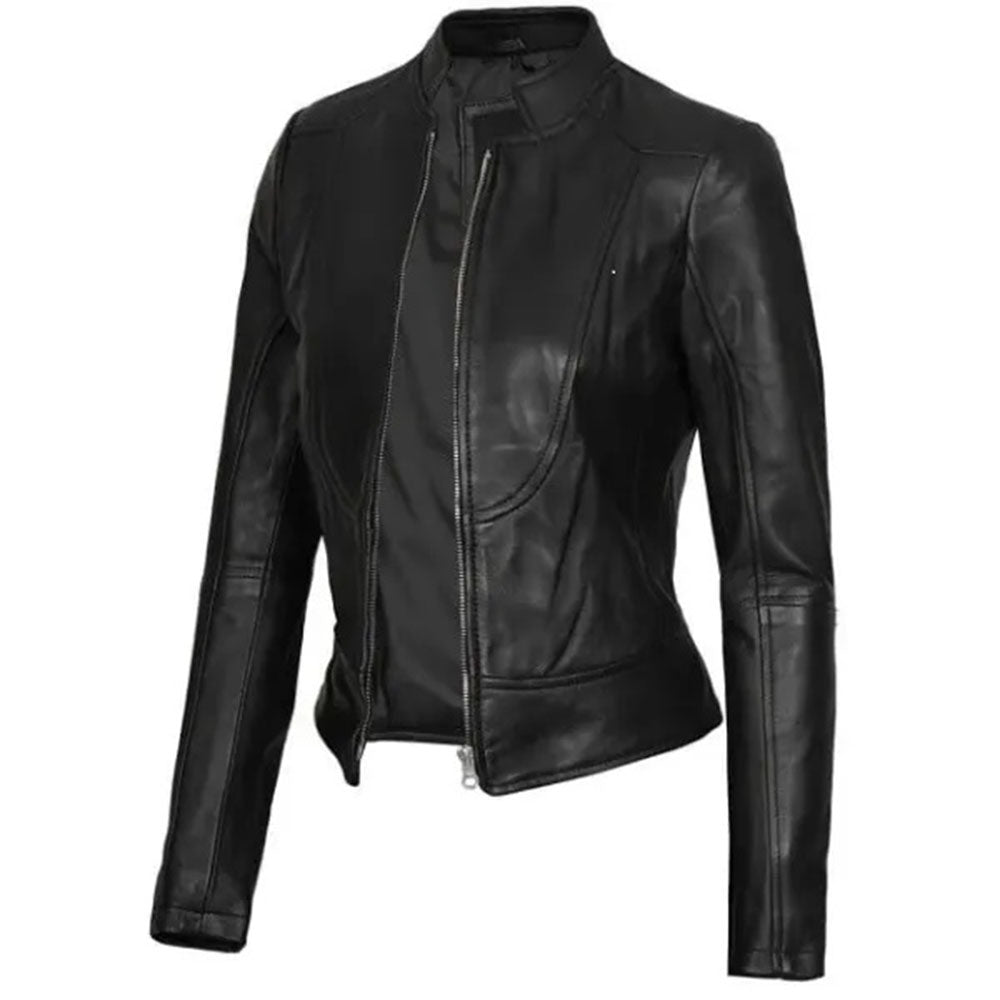 Women's Cafe Racer Motorcycle Leather Jacket, Stand Collar, Front Zipper | Black