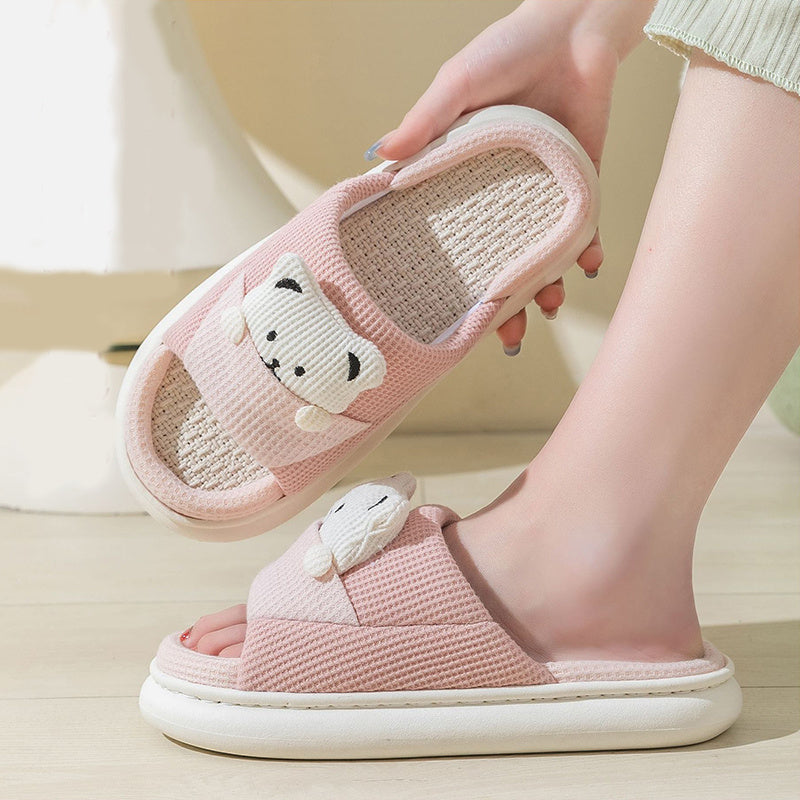 Cute Cartoon Bear Slippers Spring And Autumn Fashion Thick-soled  Mute Linen Slipper Women's House Shoes - Amber Fashion UK