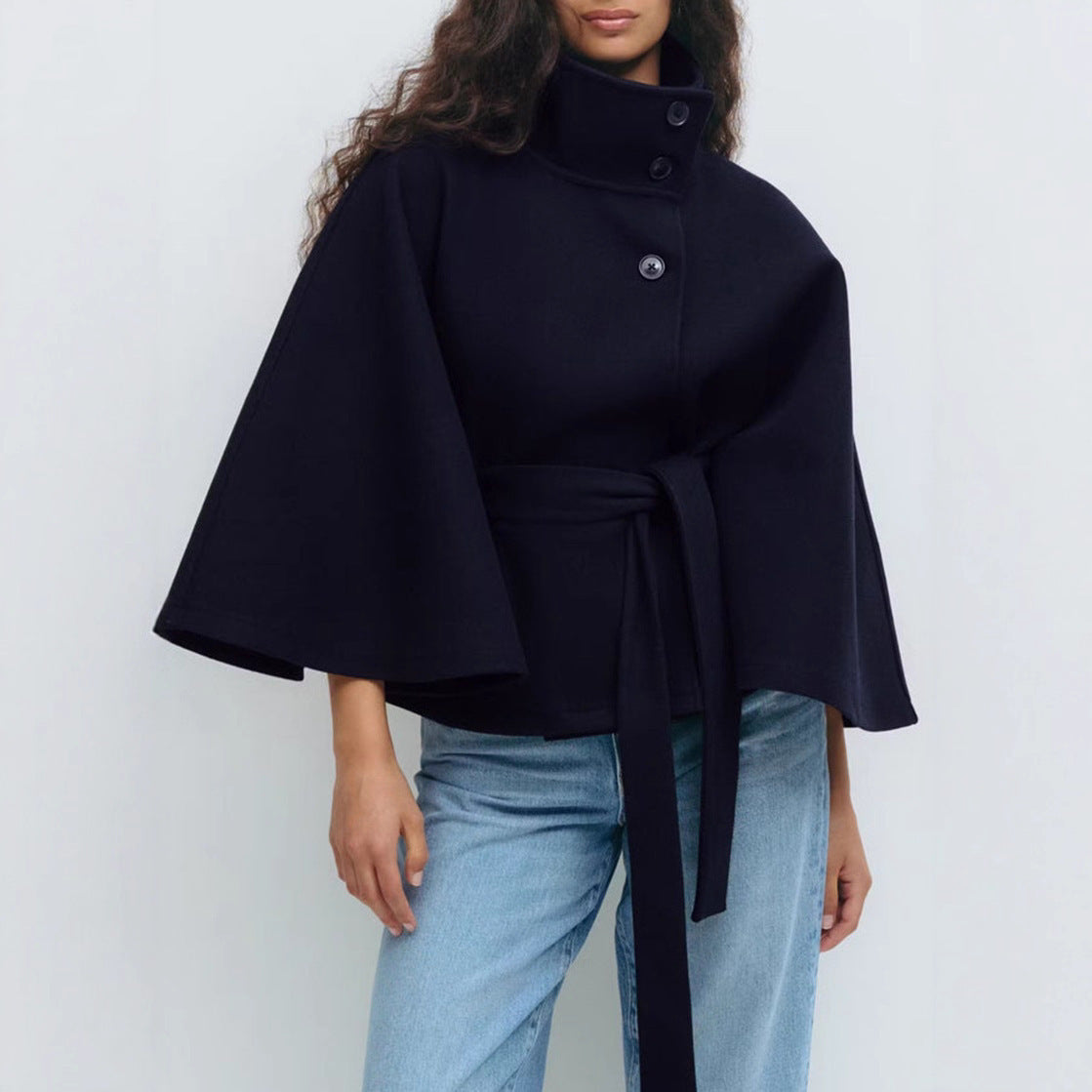 Winter High Neck Batwing Sleeve Coat With Belt Fashion Loose Elegant Button Top Trench Coat For Women Clothing - Amber Fashion UK