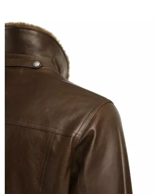 Men's Shiny Leather Jacket with Shearling Collar | Shiny Brown