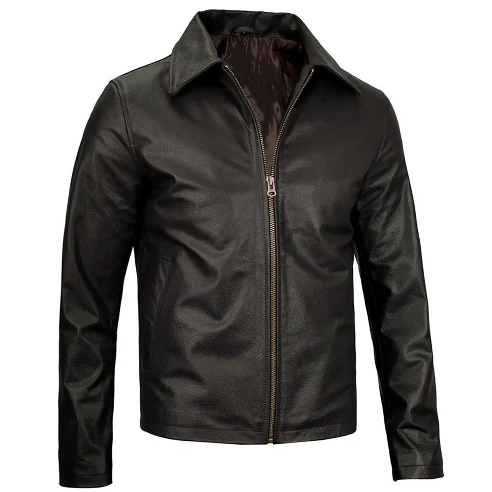 Men's Vintage Harrington Leather Jacket with Shirt Collar | Black