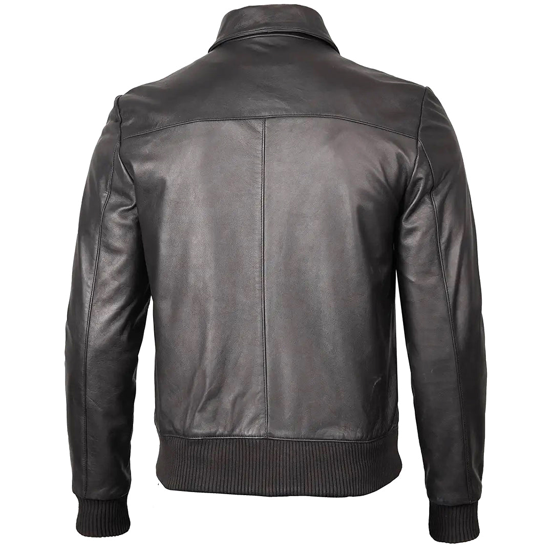 Men's Bomber Leather Jacket  Ribbed Collar & Cuff | Black