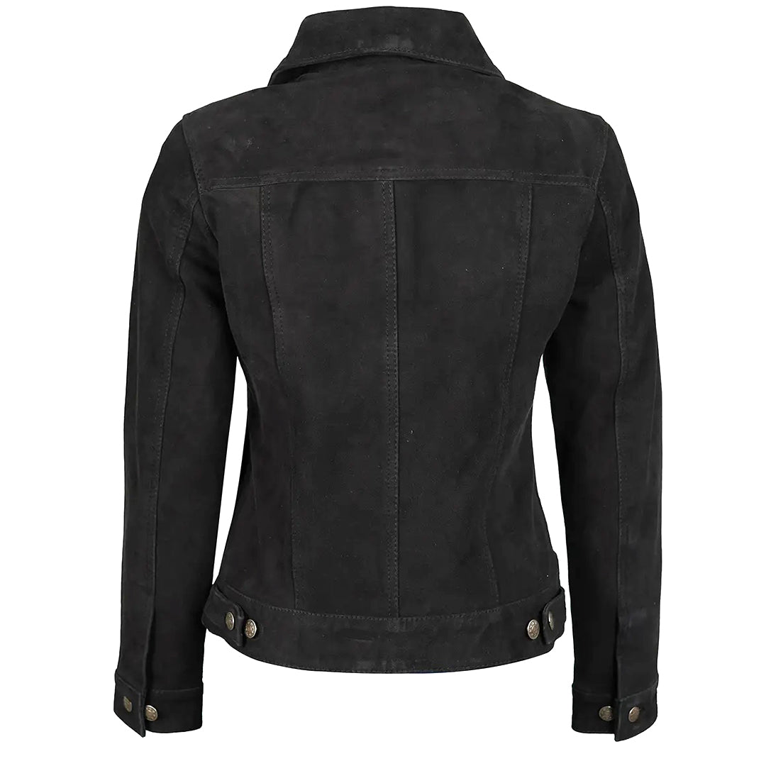 Women's Suede Trucker Leather Jacket | Black