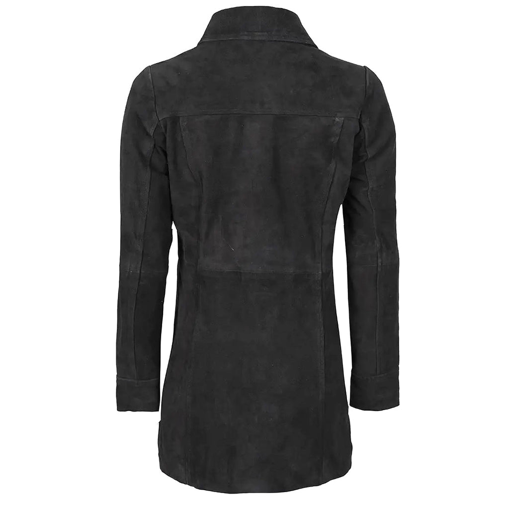 Women's Suede Leather Trench Coat Front Button | Black