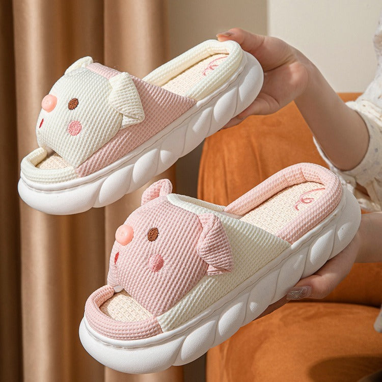 Piggy Cute Couple Open Toe Linen Cotton Linen Slippers - Amber Fashion UK