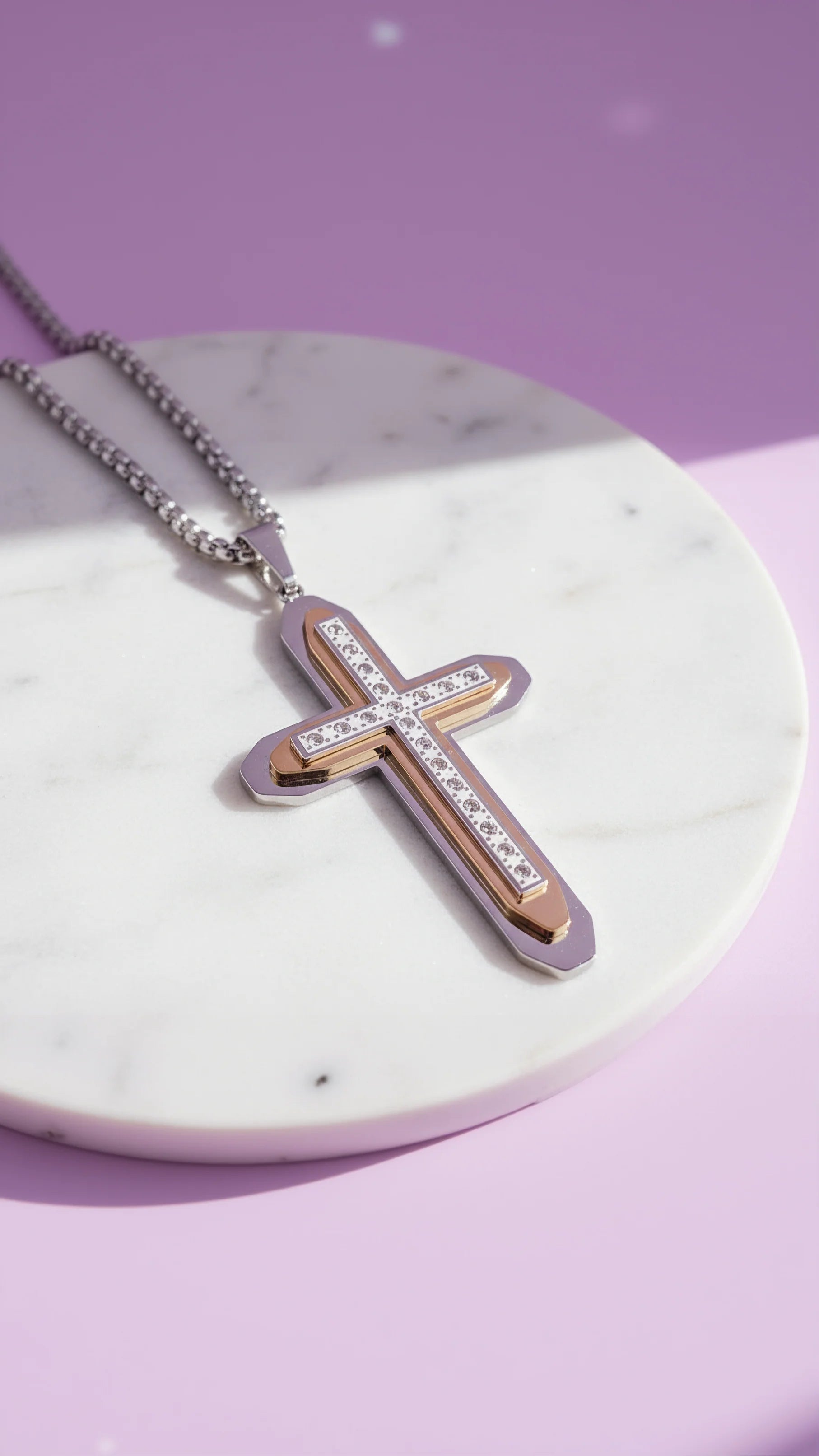 Two Tone Alloy Crystal Cross Necklace