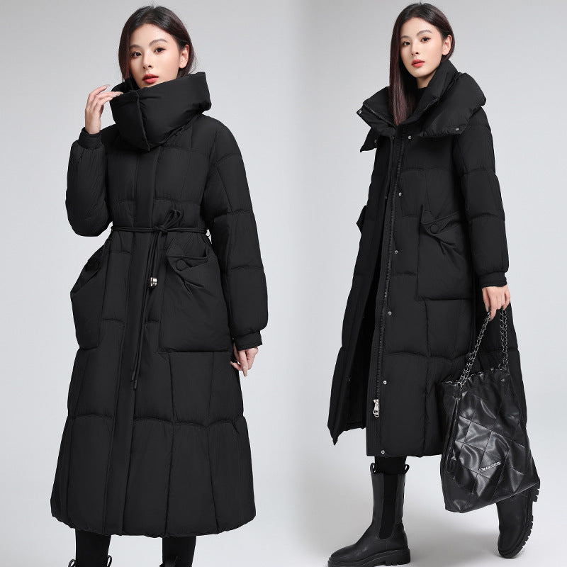 Knee-length Warm Cotton Coat Loose Thicken Waist-cinching Padded Jacket - Amber Fashion UK