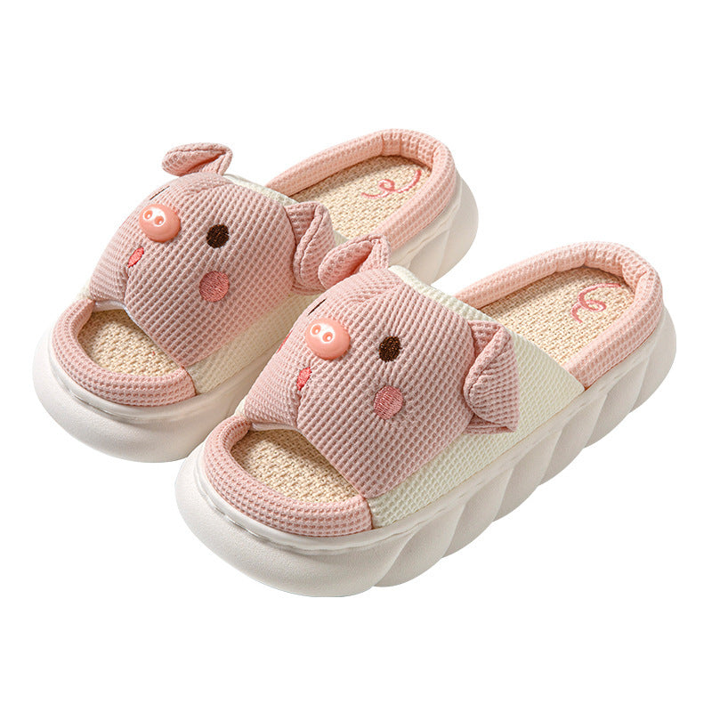 Piggy Cute Couple Open Toe Linen Cotton Linen Slippers - Amber Fashion UK