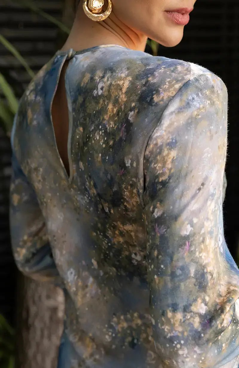 Dolly Fringe Long Sleeve Dress in Blue Print