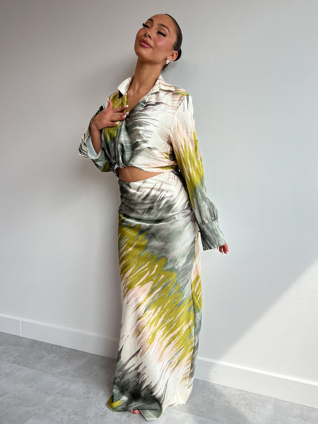 Satin Pink & Orange Printed Maxi Skirt Co-ord Set - Amber Fashion UK