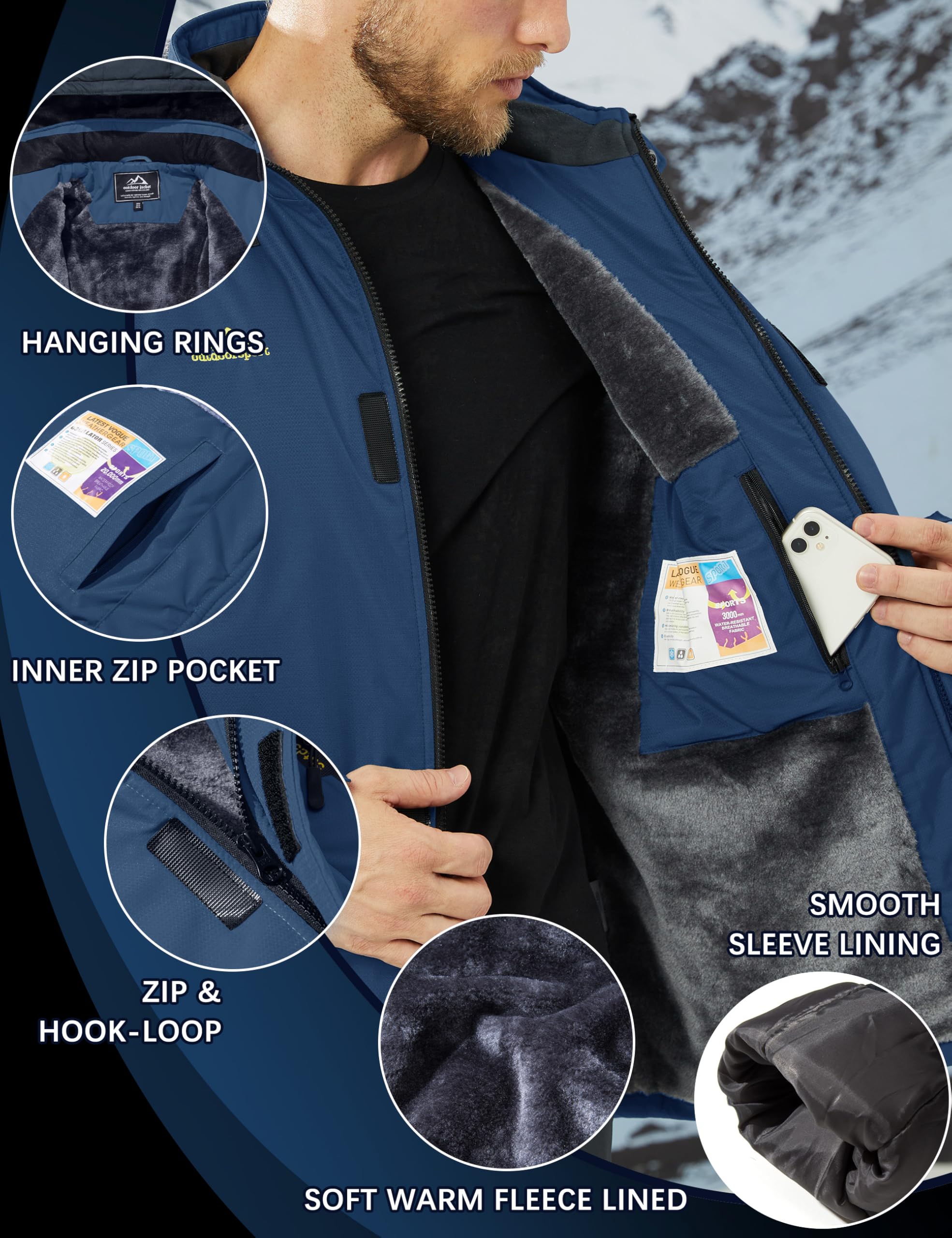 TACVASEN Men's Waterproof Fleece Mountain Jacket Windproof Warm Ski Jacket Multi-Pockets