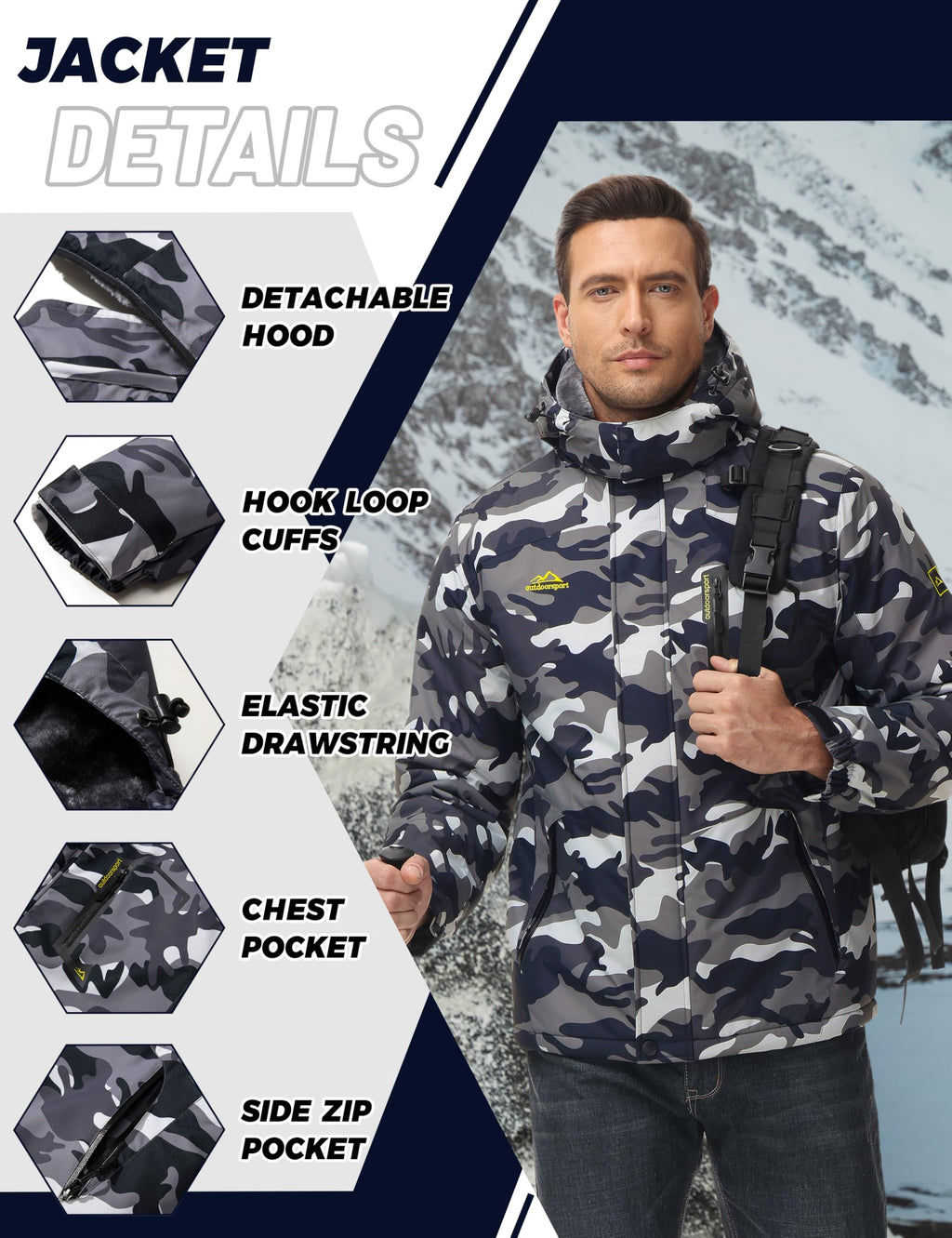 TACVASEN Men's Waterproof Fleece Mountain Jacket Windproof Warm Ski Jacket Multi-Pockets