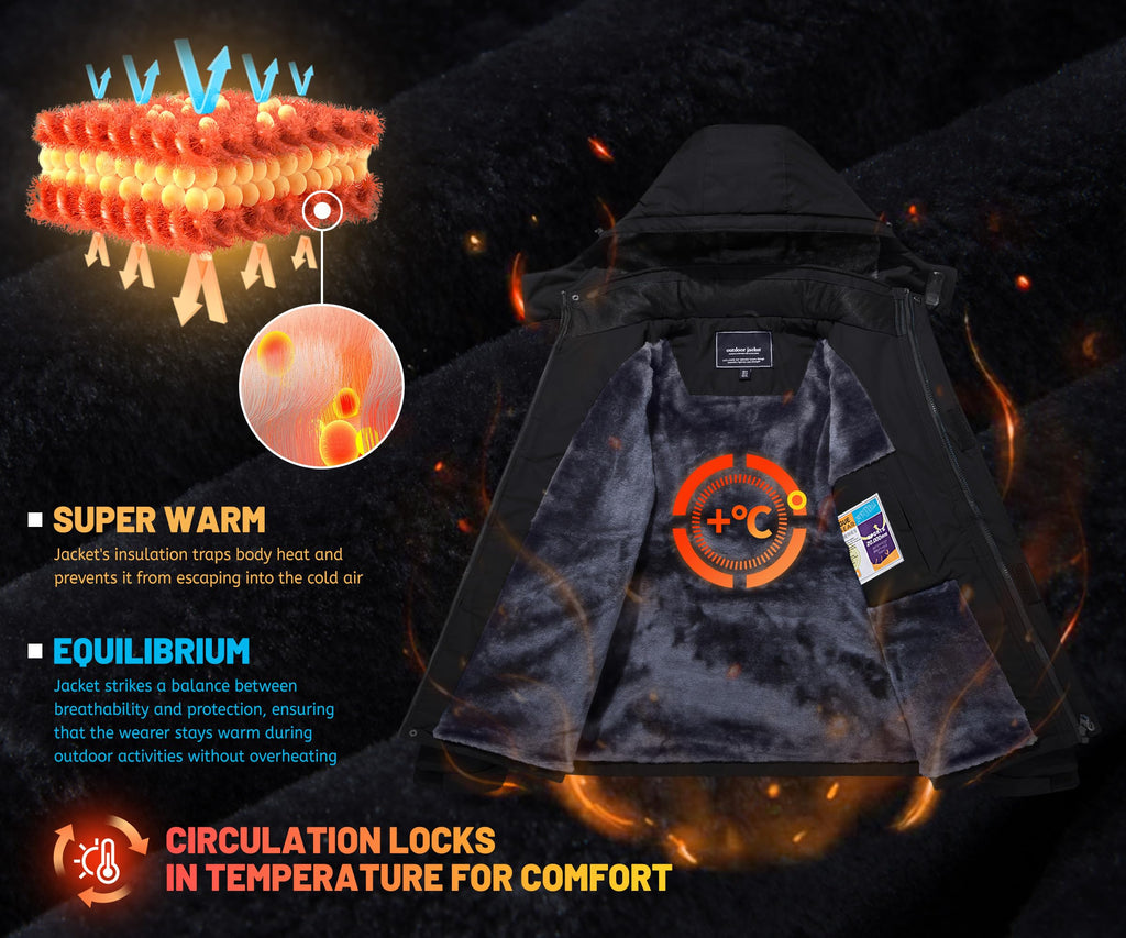 TACVASEN Men's Waterproof Fleece Mountain Jacket Windproof Warm Ski Jacket Multi-Pockets