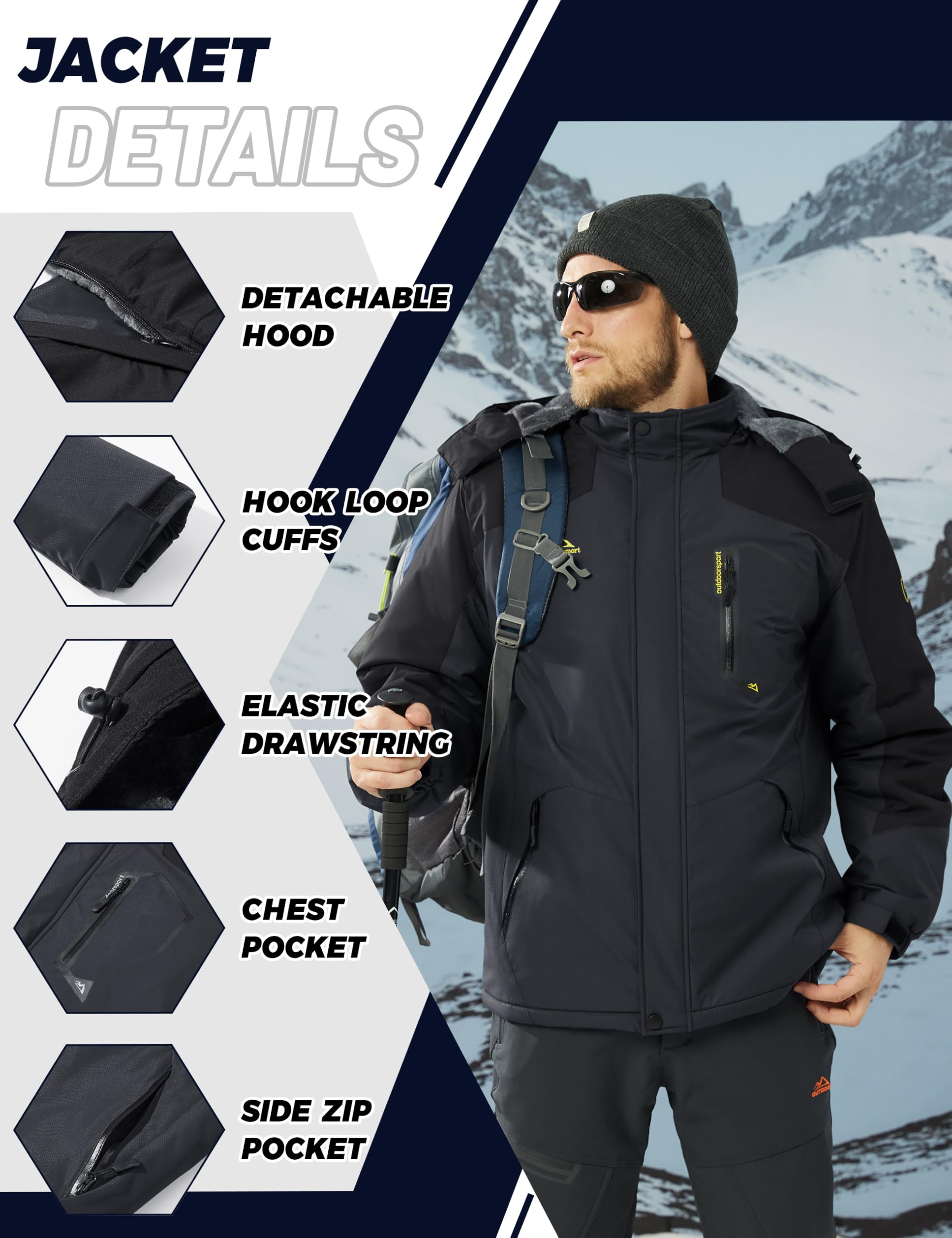 TACVASEN Men's Waterproof Fleece Mountain Jacket Windproof Warm Ski Jacket Multi-Pockets