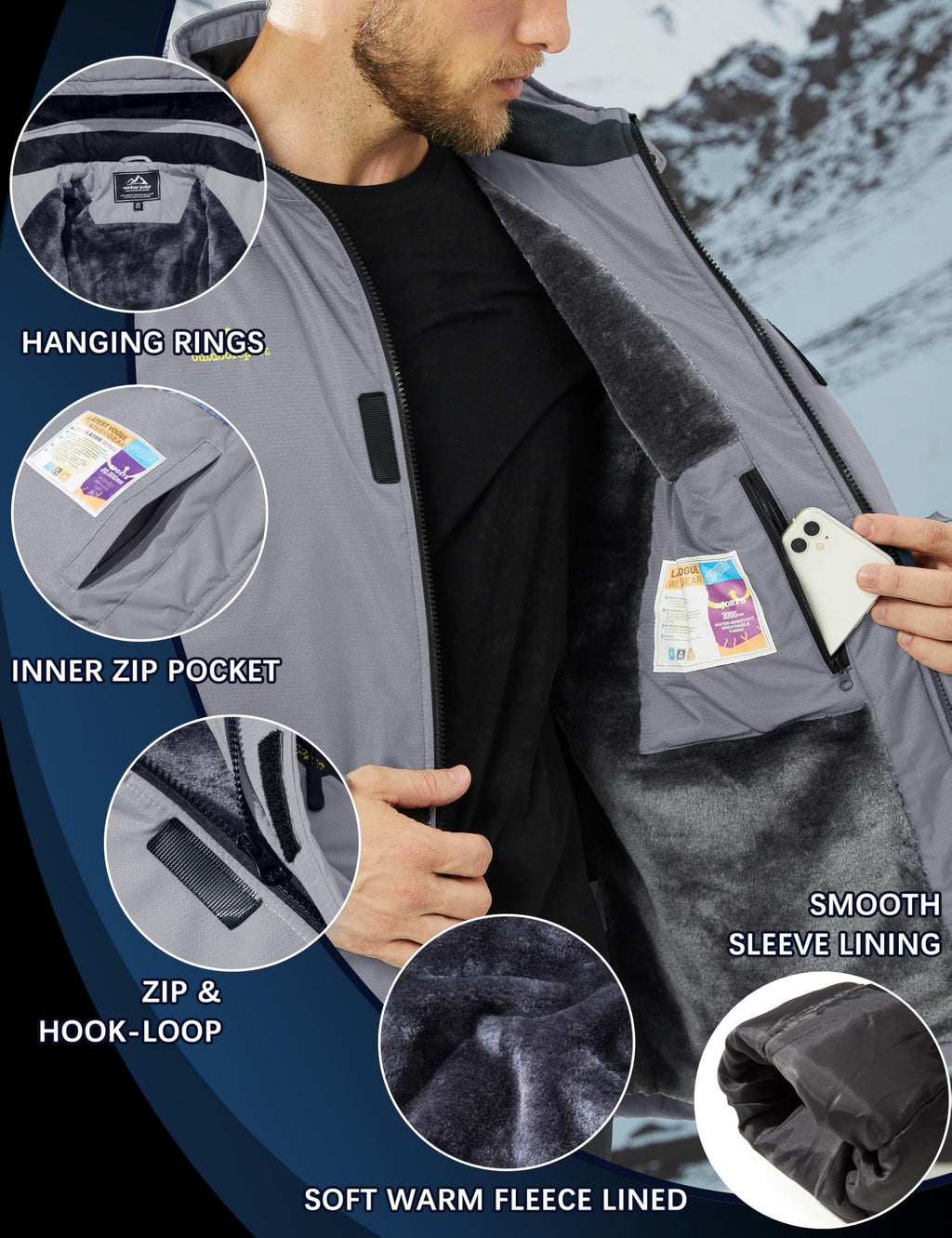 TACVASEN Men's Waterproof Fleece Mountain Jacket Windproof Warm Ski Jacket Multi-Pockets