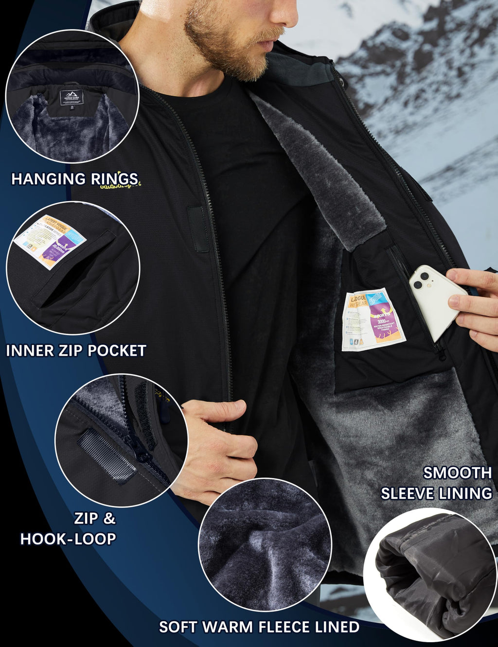 TACVASEN Men's Waterproof Fleece Mountain Jacket Windproof Warm Ski Jacket Multi-Pockets