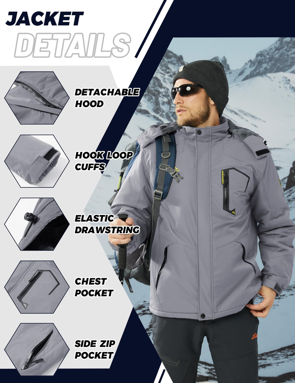 TACVASEN Men's Waterproof Fleece Mountain Jacket Windproof Warm Ski Jacket Multi-Pockets