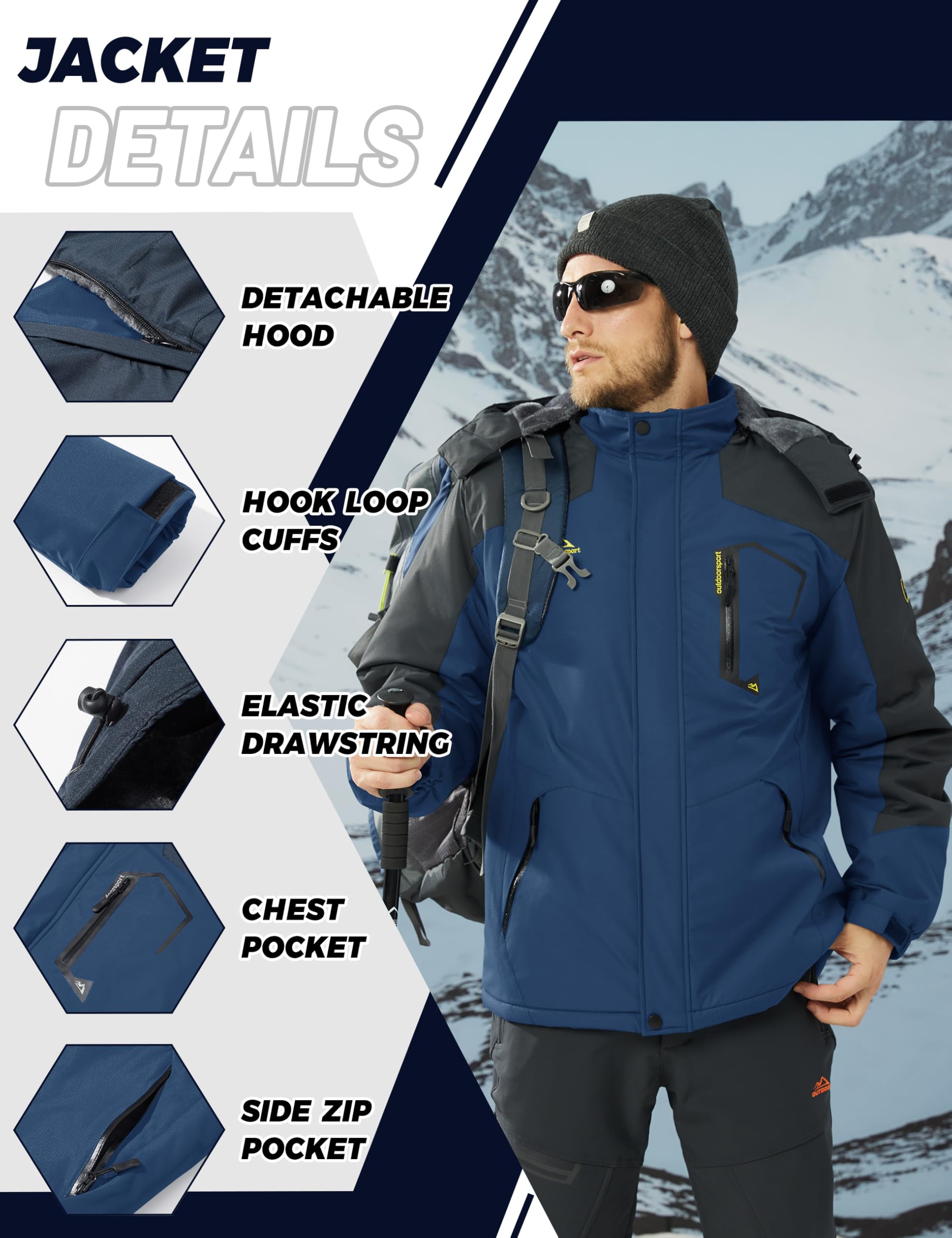 TACVASEN Men's Waterproof Fleece Mountain Jacket Windproof Warm Ski Jacket Multi-Pockets