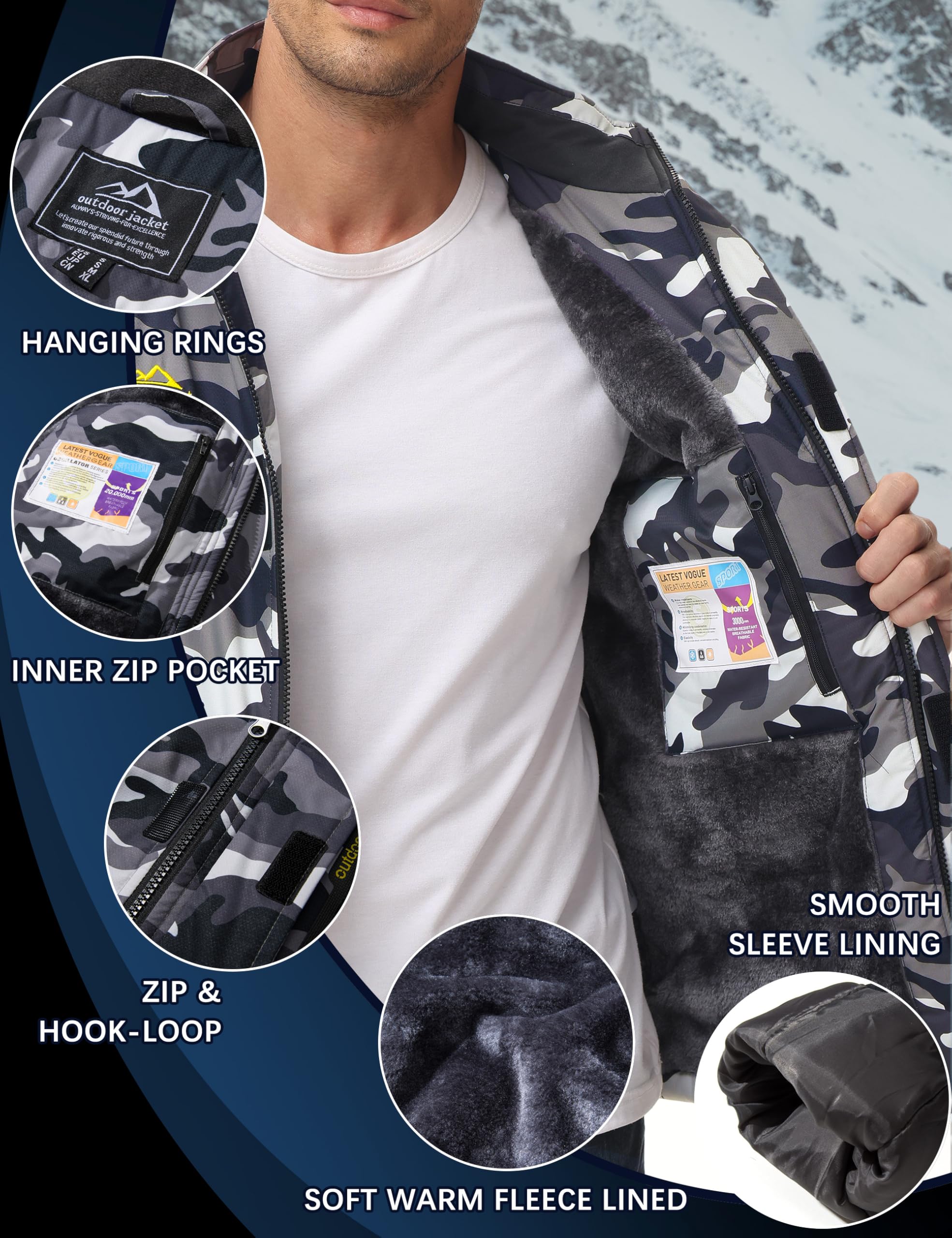 TACVASEN Men's Waterproof Fleece Mountain Jacket Windproof Warm Ski Jacket Multi-Pockets