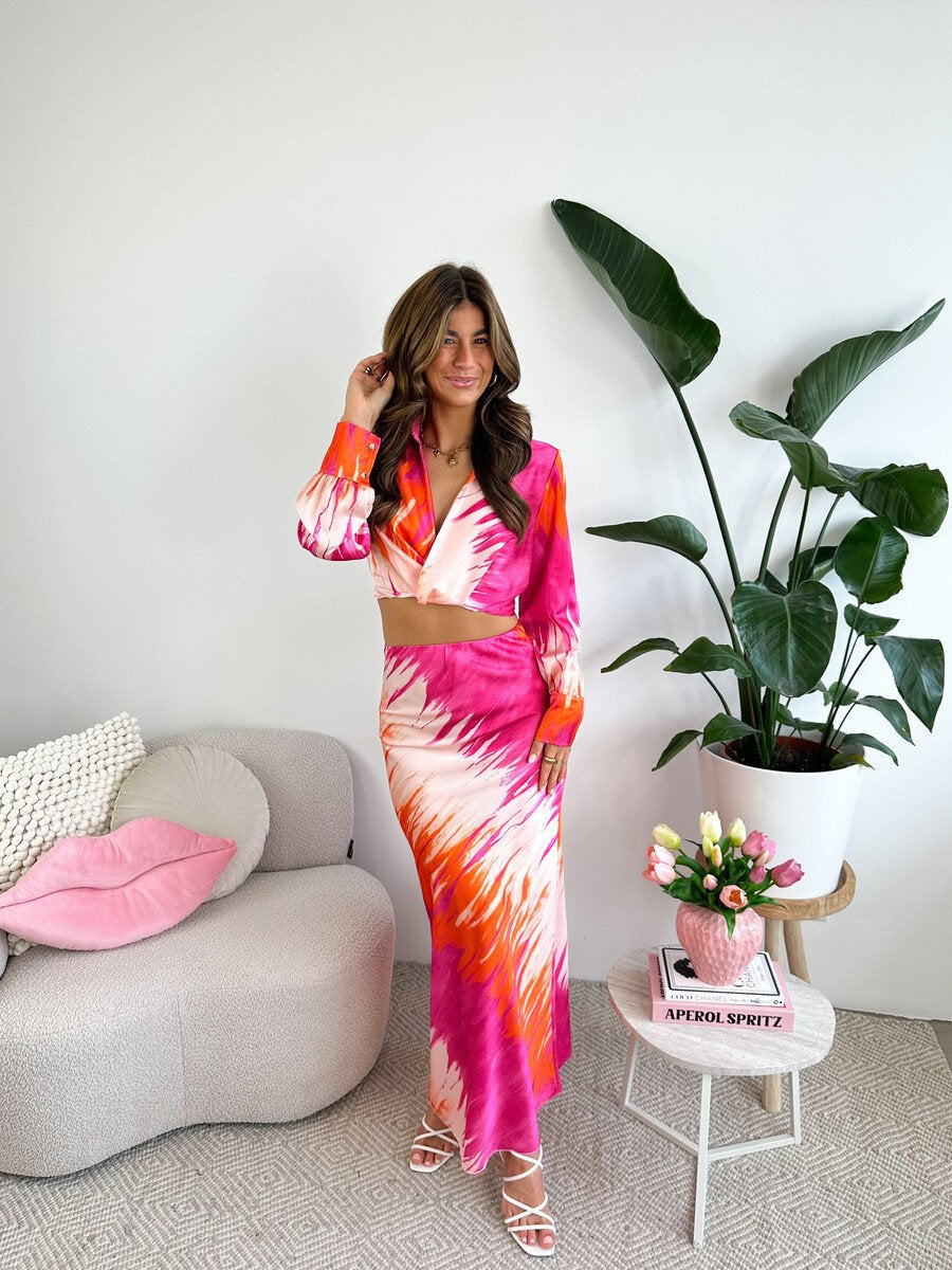 Satin Pink & Orange Printed Maxi Skirt Co-ord Set - Amber Fashion UK