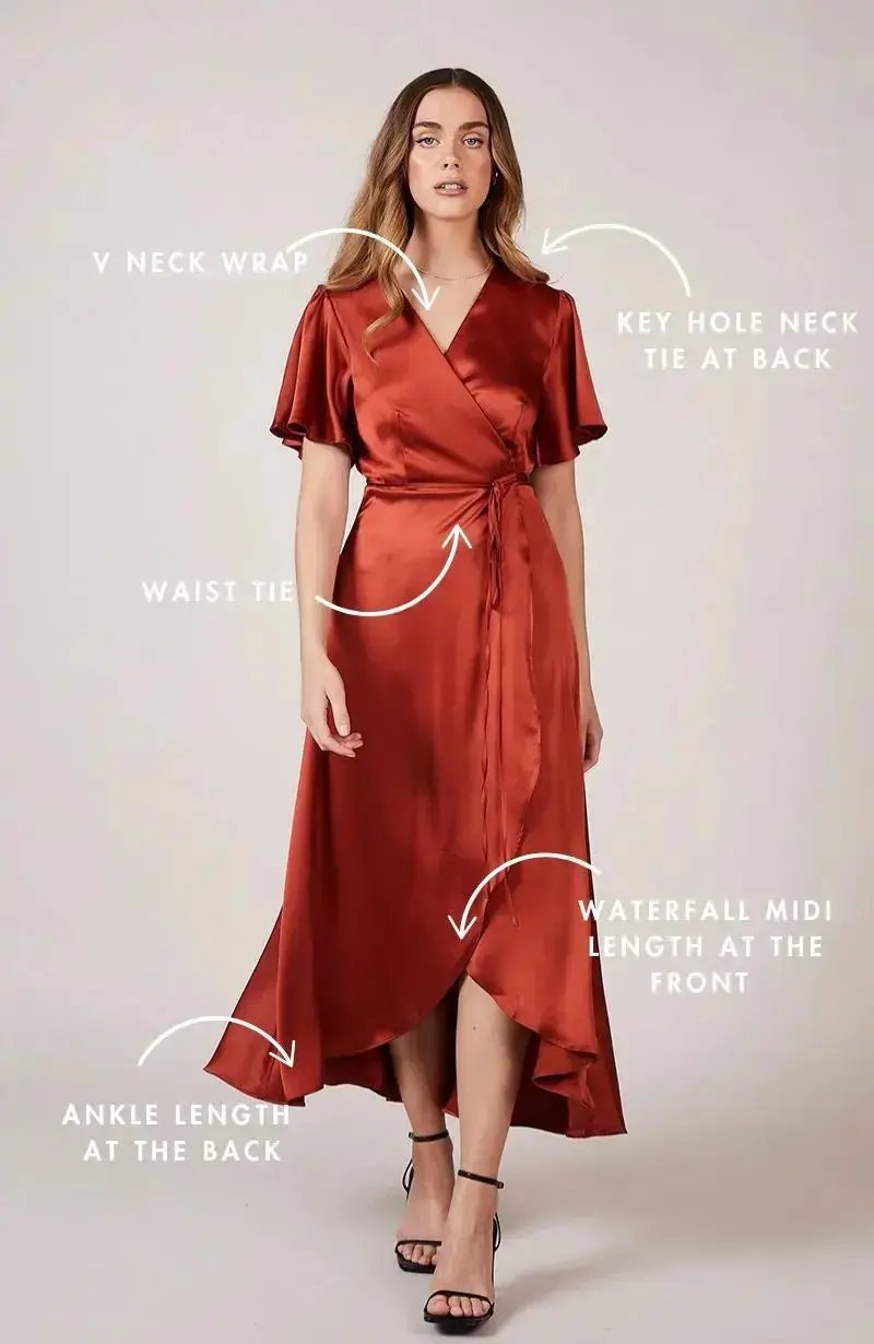 Florence Waterfall Dress in Burnt Orange Satin